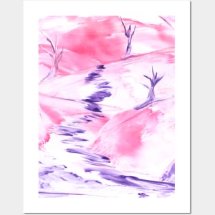 Landscape, pink, spring, nature, trees, art. Hand drawn color illustration, painting, encaustic, wax. Posters and Art